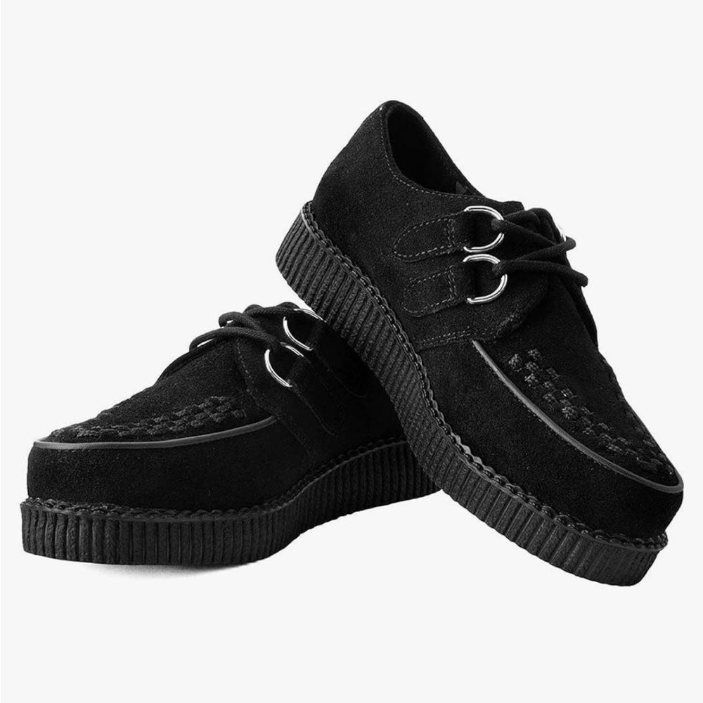 TUK Viva Low Creeper Black Suede Leather Metallic Ring Lace Up Platform Shoes
